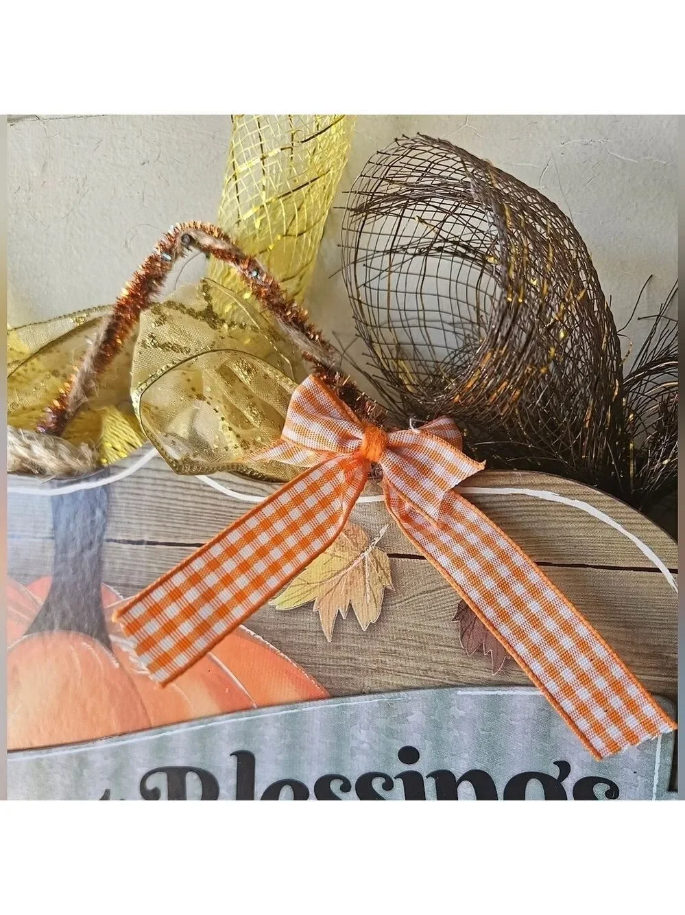 Hand Crafted handmade holiday wreath Harvest Blessings Gnome fabric plaid ribbon